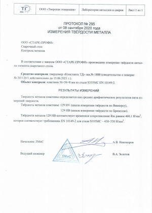 Протокол измерения твердости металла